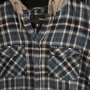 Hurley Black and Blue Plaid Hooded Shirt
